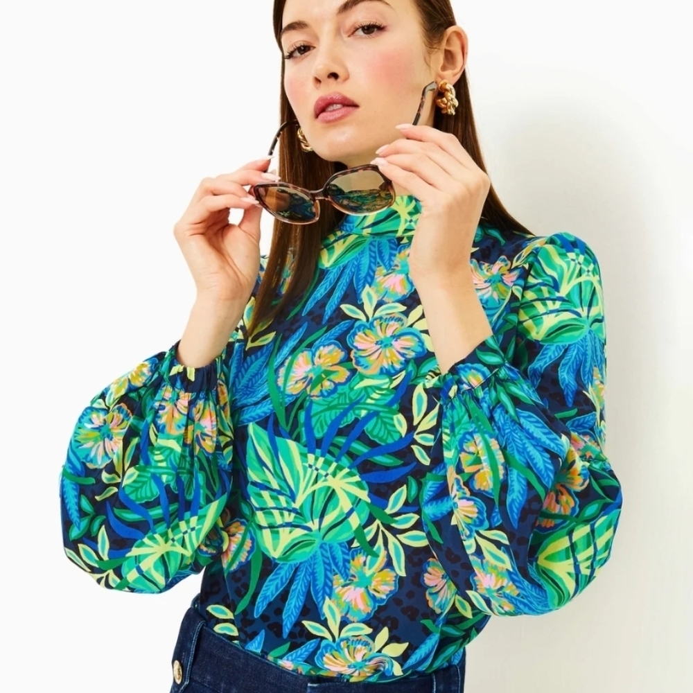 Lilly Pulitzer Witaker Silk Mock Neck Tie Back Long Sleeve Top: Multi Floral: XS